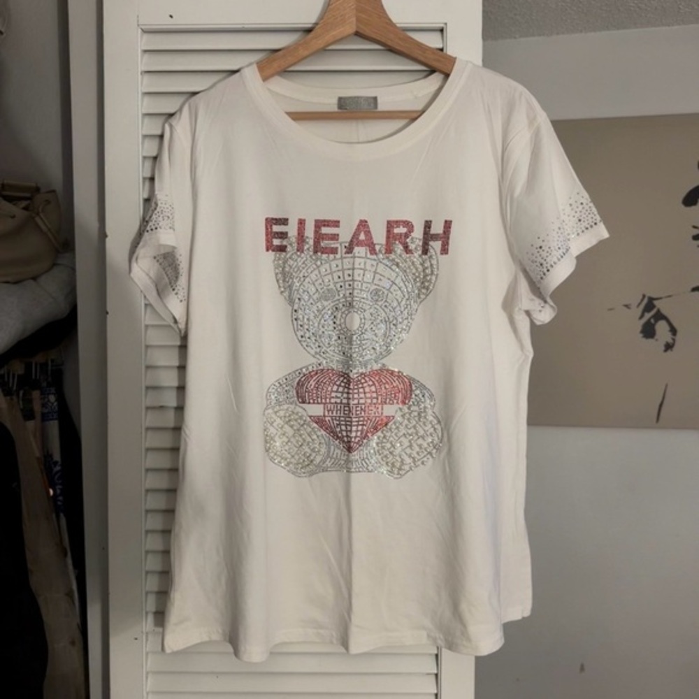 French Rhinestone Teddy Bear Graphic Cotton T-Shirt | White | L | NWOT | Y2K